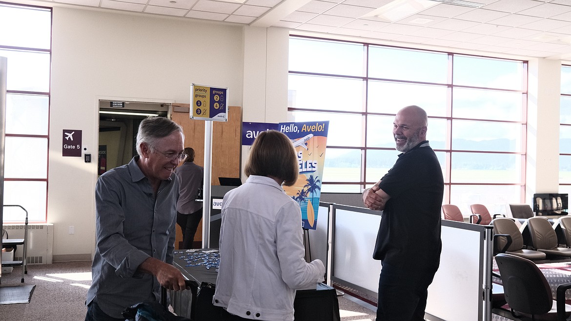 Glacier Park International Airport Director Rob Ratkowski welcomes passengers deplaning the inaugural Avelo Airlines flight from Burbank, California on Monday May 22, 2023. (Adrian Knowler/Daily Inter Lake)
