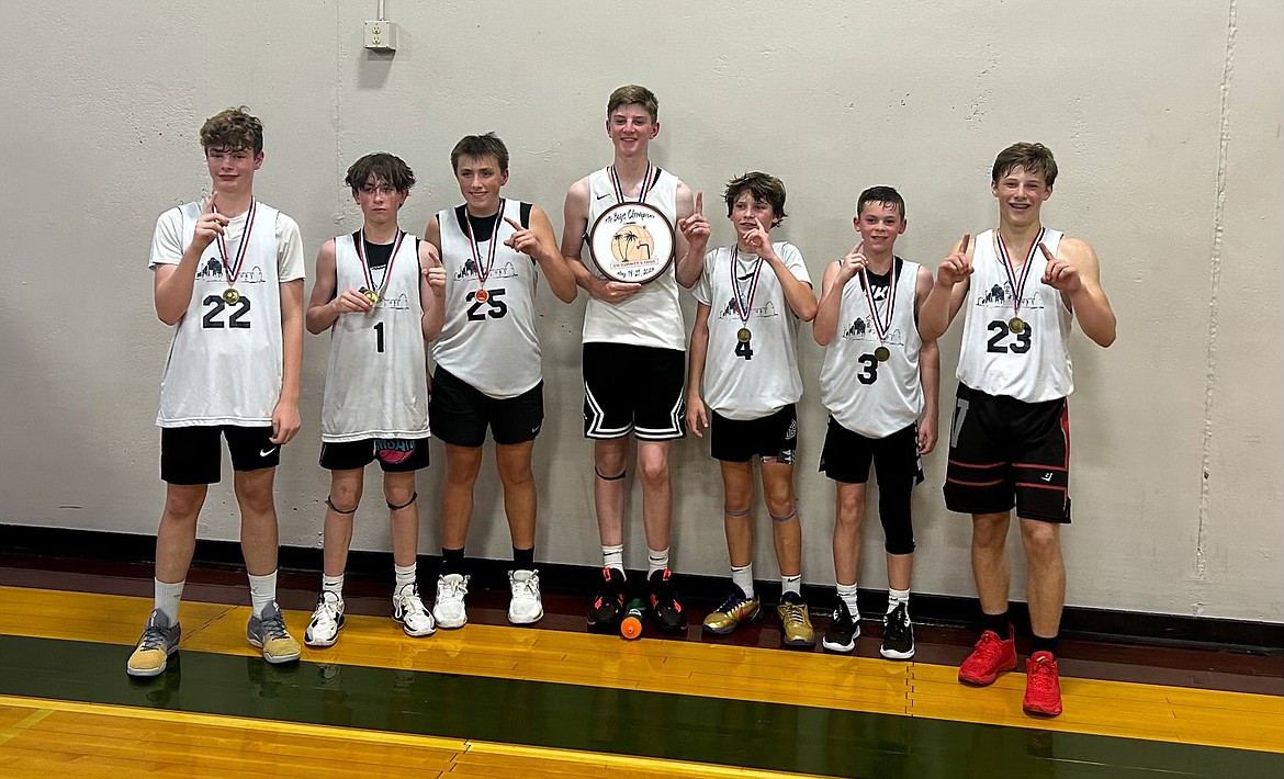 Courtesy photo
The Northwest Select AAU boys basketball team, comprised of players from Coeur d'Alene and the Silver Valley, won the seventh grade division of the On Summer's Edge tournament at The Warehouse in Spokane on Sunday. From left are Cache Gaby, Boston Hess, Gavin Tosi, Cole Floyd, Brayden Smith, Michael Jess and Cooper Miller.