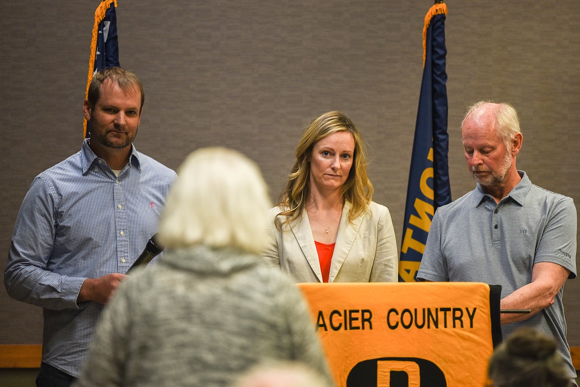 From left to right, Speaker of the House Matt Regier, Rep. Amy Regier, and Sen. Keith Regier, all Republicans from Kalispell, speak at a meeting for the Glacier Country Pachyderm Club on May 19, 2023 after the end of the 68th Legislative session. (Kate Heston/Daily Inter Lake)