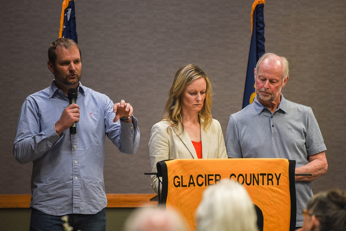 From left to right, Speaker of the House Matt Regier, Rep. Amy Regier, and Sen. Keith Regier, all Republicans from Kalispell, speak at a meeting for the Glacier Country Pachyderm Club on May 19, 2023 after the end of the 68th Legislative session.(Kate Heston/Daily Inter Lake)