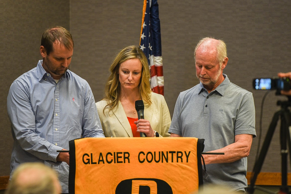 From left to right, Speaker of the House Matt Regier, Rep. Amy Regier, and Sen. Keith Regier, all Republicans from Kalispell, speak at a meeting for the Glacier Country Pachyderm Club on May 19, 2023 after the end of the 68th Legislative session. (Kate Heston/Daily Inter Lake)