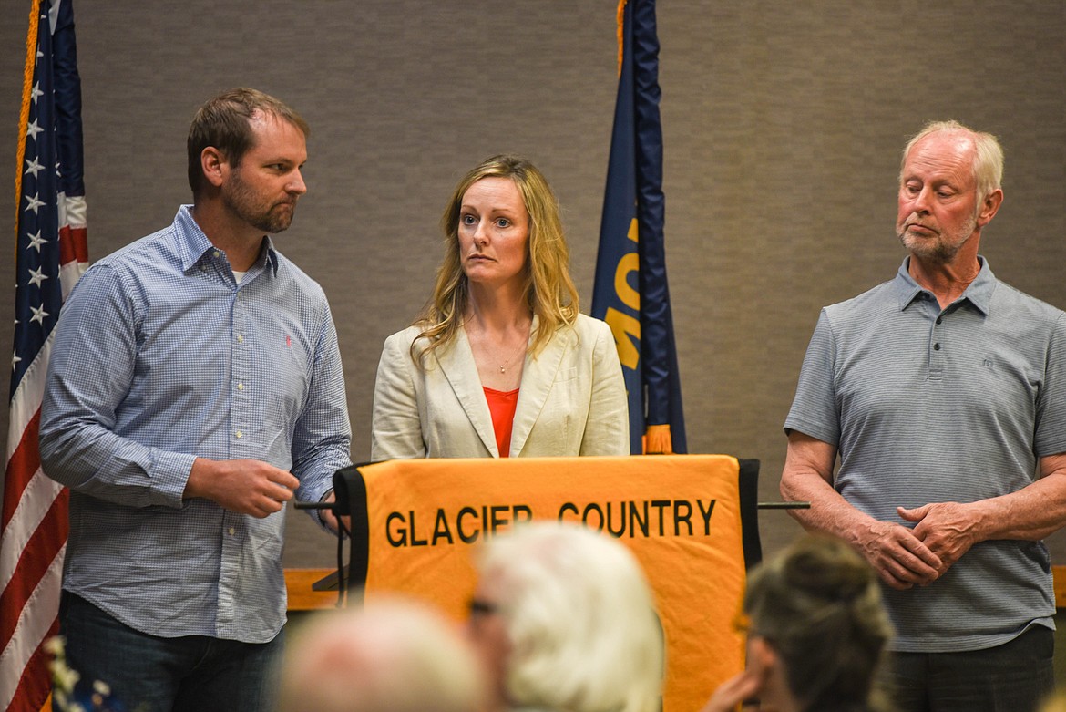 From left to right, Speaker of the House Matt Regier, Rep. Amy Regier, and Sen. Keith Regier, all Republicans from Kalispell, speak at a meeting for the Glacier Country Pachyderm Club on May 19, 2023 after the end of the 68th Legislative session. (Kate Heston/Daily Inter Lake)