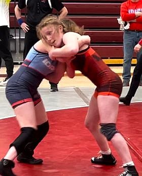 Neveah Therrien (right) competes at the Idaho State Championship for Freestyle and Greco-Roman wrestling on April 21. She earned silver in both Greco-Roman and Freestyle.