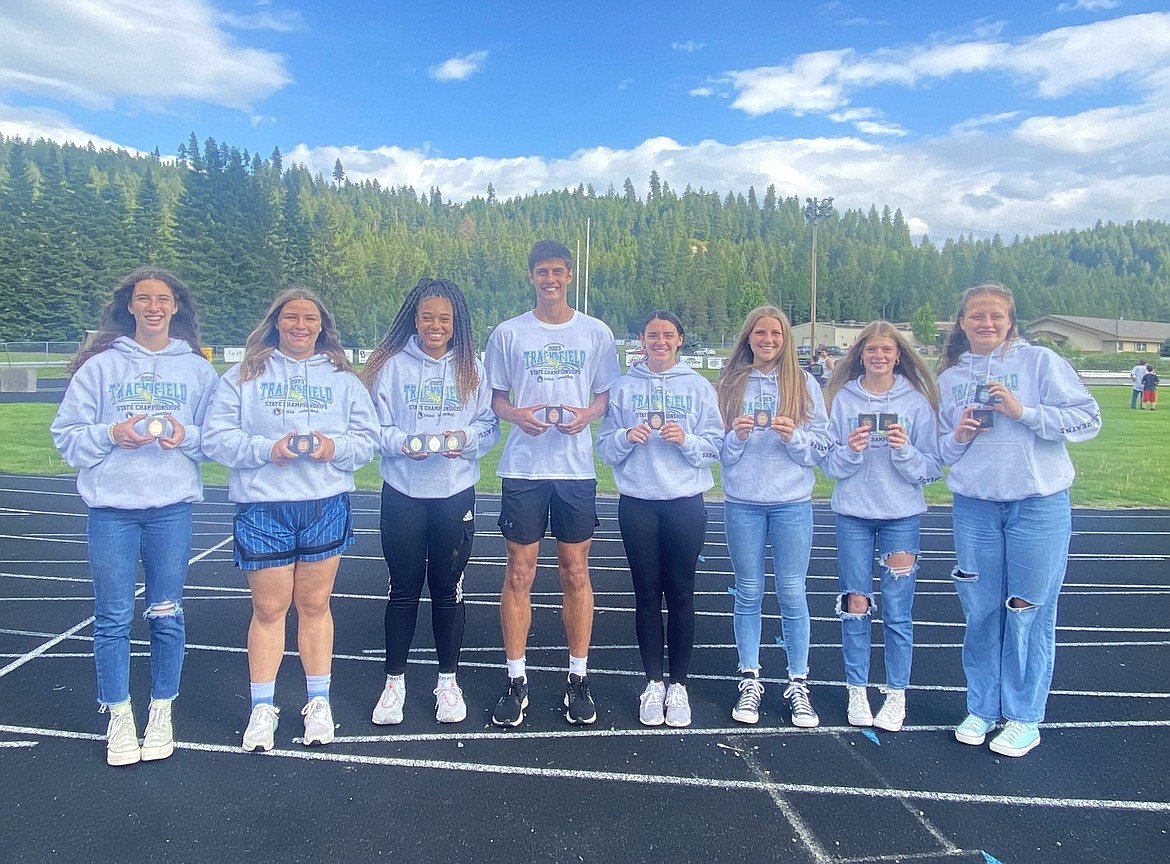 Bonners Ferry Track and Field Medalists (left) Brooke Petesch, Hallie Hartman, Asha Abubakari, Riley Petesch, Mia Blackmore, Brenly Hymus and Makenna Baisden.