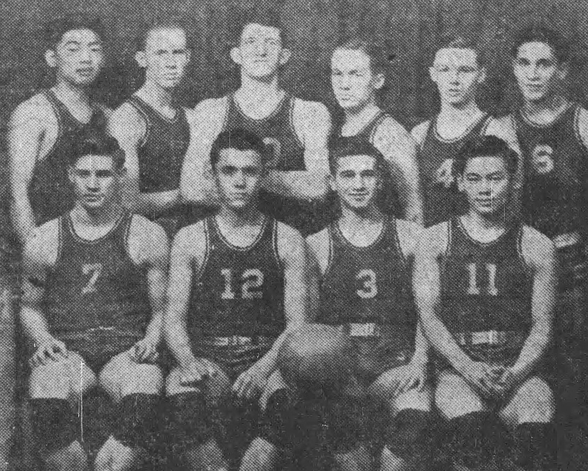 Silver Star recipient Ted Kusumoto (number 11, seated at far right) played on the Whitefish High School conference basketball team. The photo appeared in the Great Falls Tribune on March 4, 1940.