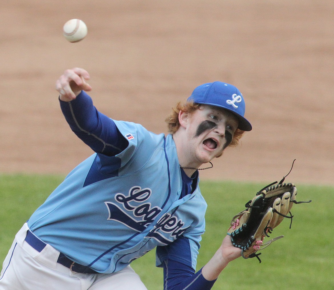 Libby's Caleb Moeller threw five scoreless innings before departing the game against the Kalispell A Lakers Wednesday evening at Lee Gehring Field. The Lakers rallied late to claim a 7-4 win. (Paul Sievers/The Western News)