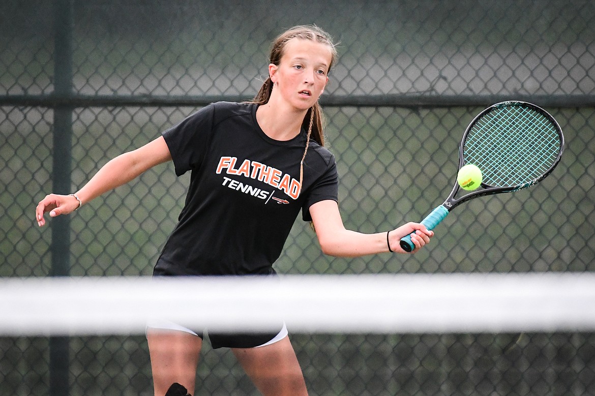 Flathead's Alexis Kersten hits a return in a girls singles match against Billings Skyview's Hazel Demaray during the State AA tennis tournament at FVCC on Thursday, May 25. (Casey Kreider/Daily Inter Lake)
