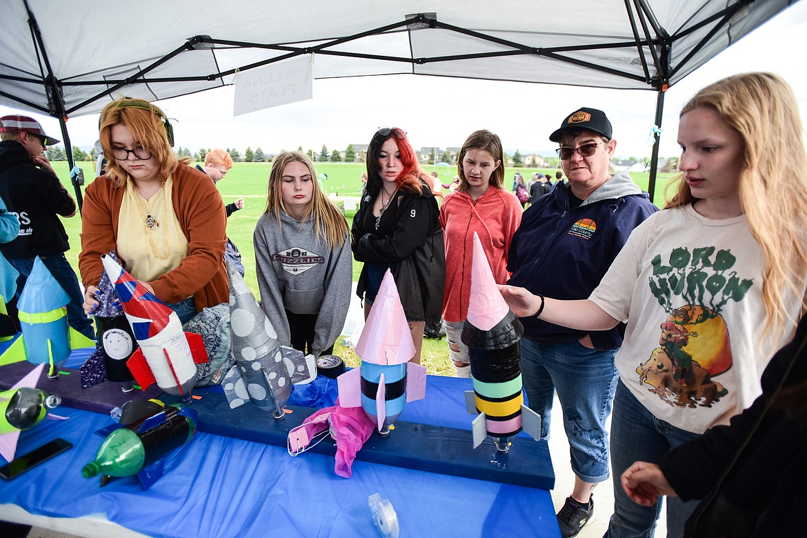 Eighth-grade students from Helena Flats School ready their rockets for launch at the Flathead Valley Rocket Rally outside Glacier High School on Thursday, May 25. (Casey Kreider/Daily Inter Lake)