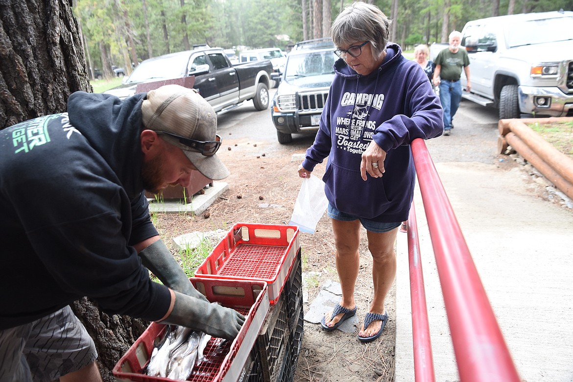 Judy Baxter of Lethbridge, Alberta watches as Libby resident Jessie Mugford weighs a mess of kokanee salmon she and her husband, Tim, caught during the Lake Koocanusa Fishing Derby on May 20-21. The fish weighed 3.54 pounds, out of the money, but enough for the smoker. (Scott Shindledecker/The Western News)