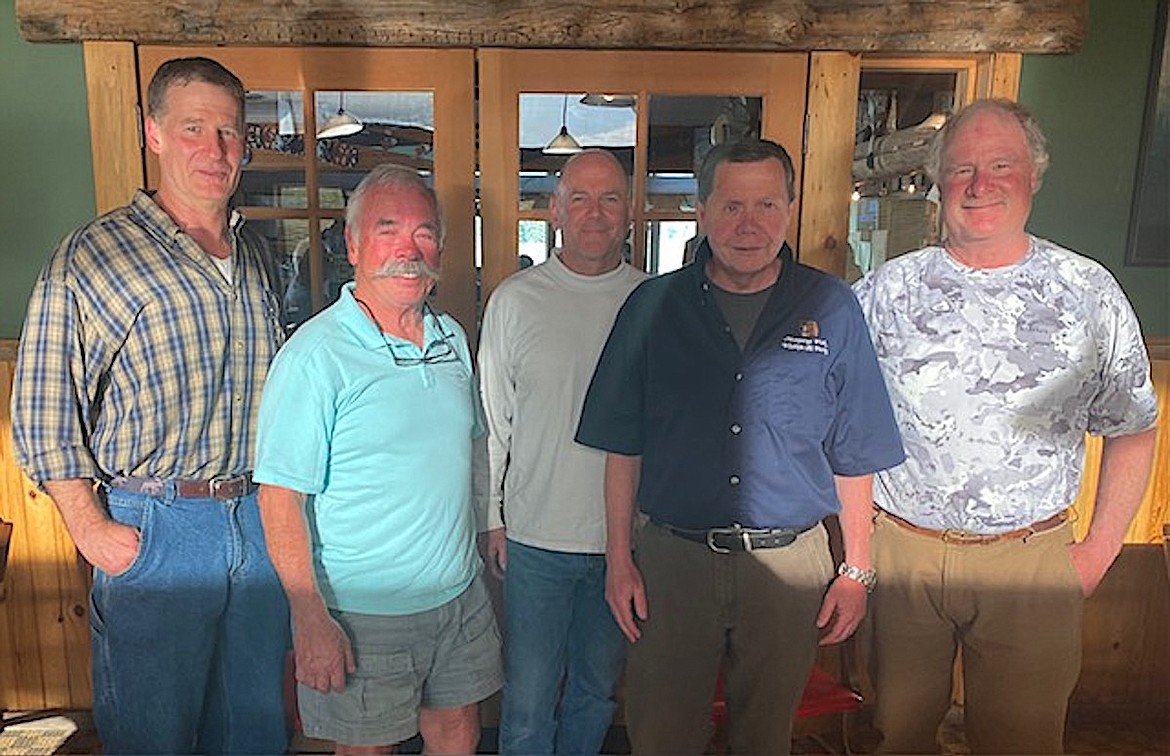 Kootenai River Trout Club Trout Unlimited Chapter members heard from officials of Montana Fish, Wildlife & Parks and U.S. Army Corps during their May meeting at River Bend Restaurant. Pictured from left are USAC Fisheries Biologist Gregory Hoffman, past chapter President Mike Rooney, outfitter Tim Linehan, FWP Fisheries Biologist Jim Dunnigan and outfitter Dave Blackburn. The chapter elected TU member Alan Gerstenecker as president during its meeting. (Courtesy photo)
