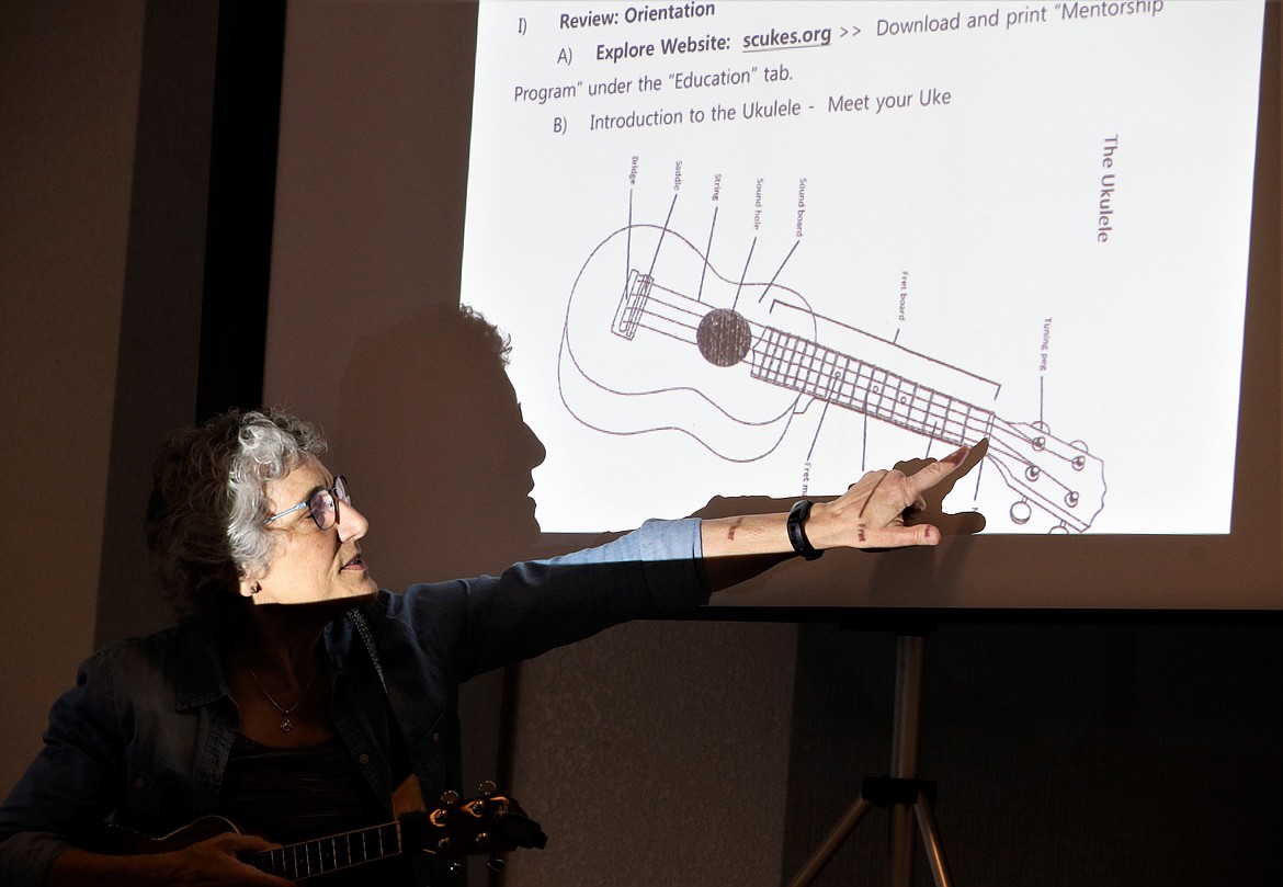 Lynda Arnold talks about the ukulele during a meeting of the Ukulele Club of Coeur d'Alene.