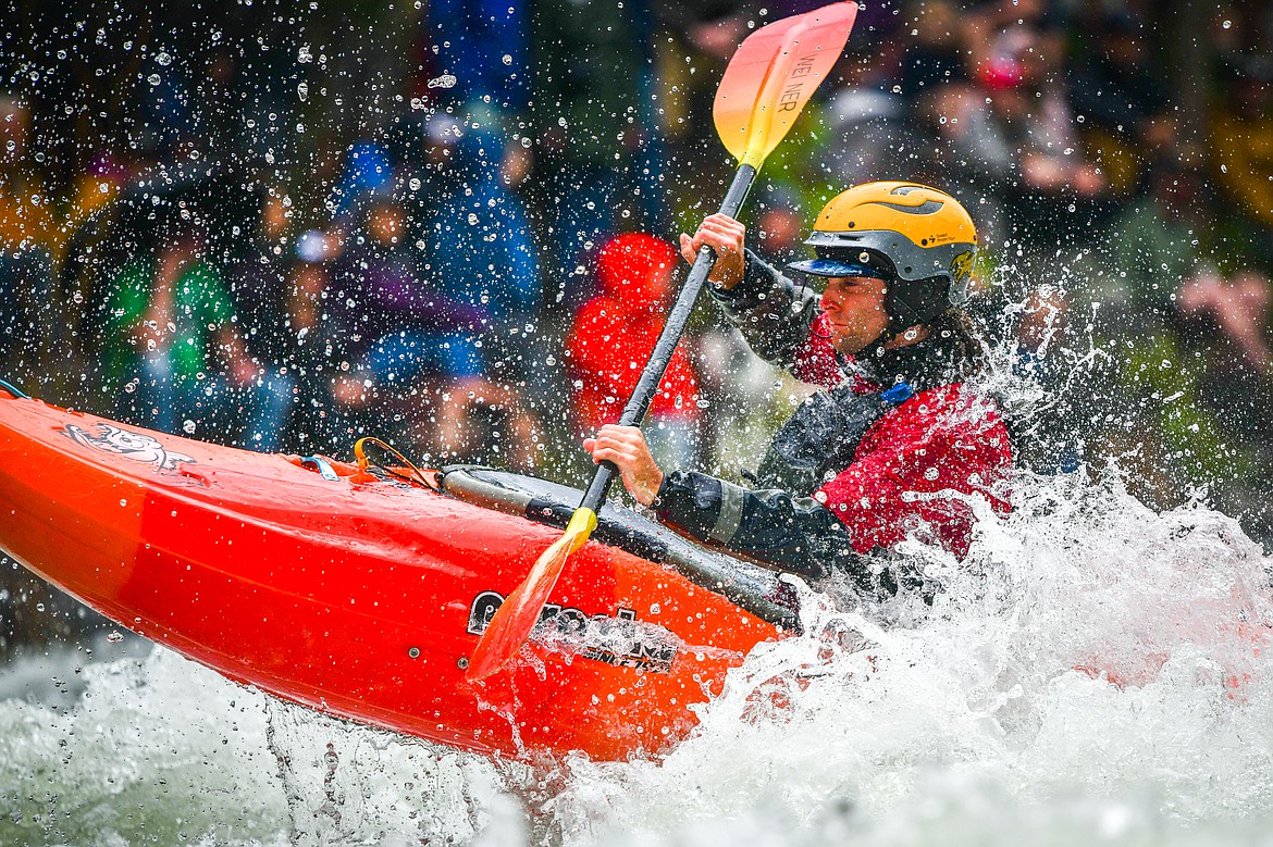 A kayaker navigates a section of the Wild Mile along the Swan River during the Expert Slalom event at the 48th annual Bigfork Whitewater Festival on Saturday, May 27. (Casey Kreider/Daily Inter Lake)