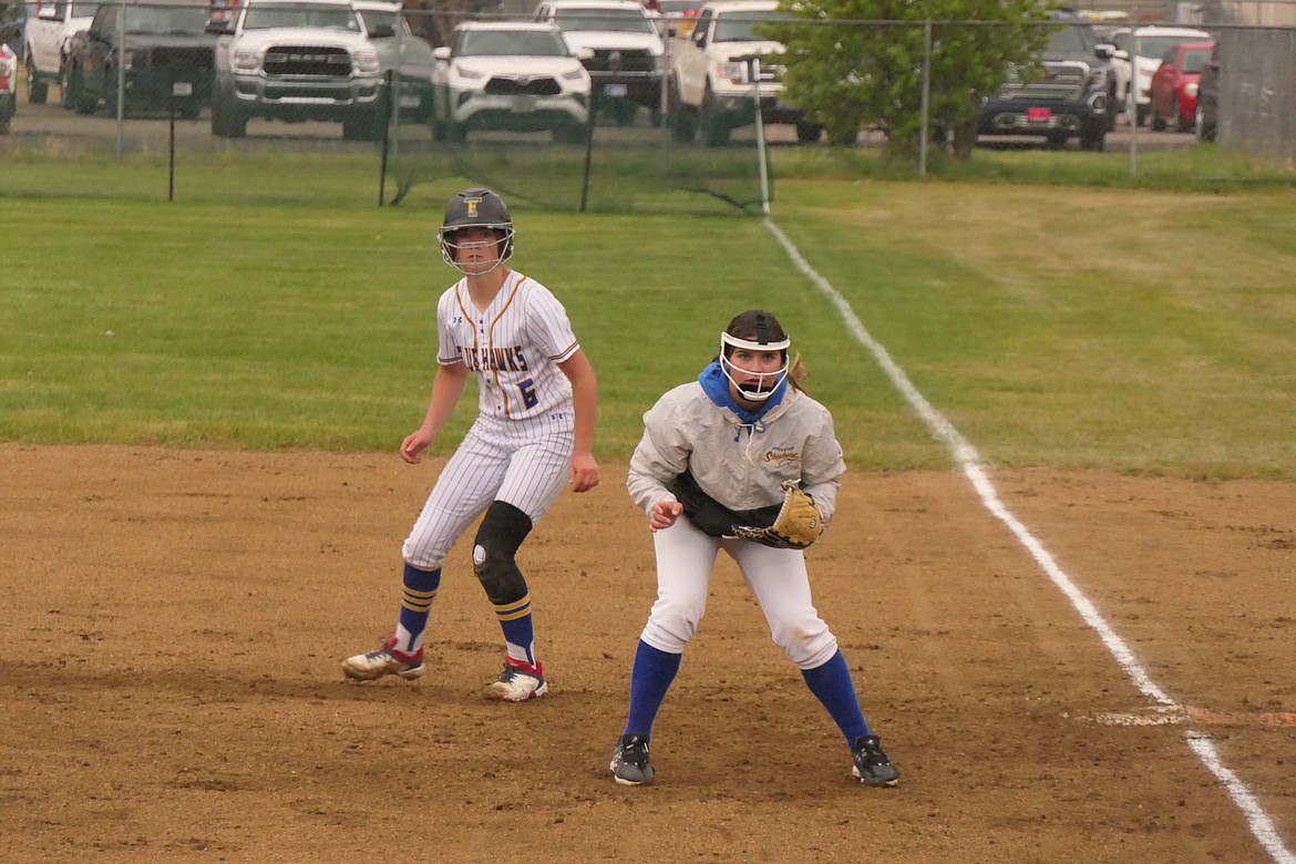 Thompson Falls sophomore Sarah Koskela leads off first base after her first inning single versus Shepherd this past Thursday at the State Class B fastpitch softball tournament in soggy Anaconda. (Chuck Bandel/VP-MI)