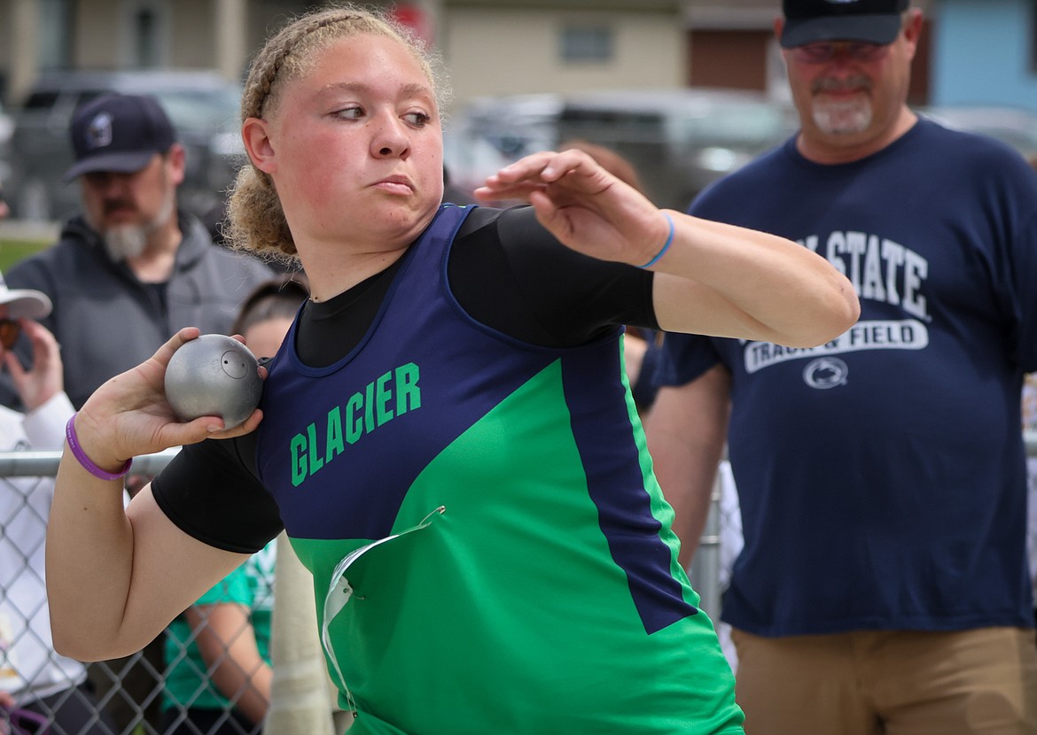 Glacier’s Kai Johnson won the shot put at the Class AA State Track and Field Championships on Friday, May, 26, in Butte. Johnson’s throw was 40-5.5. (Jeremy Weber/Daily Inter Lake)