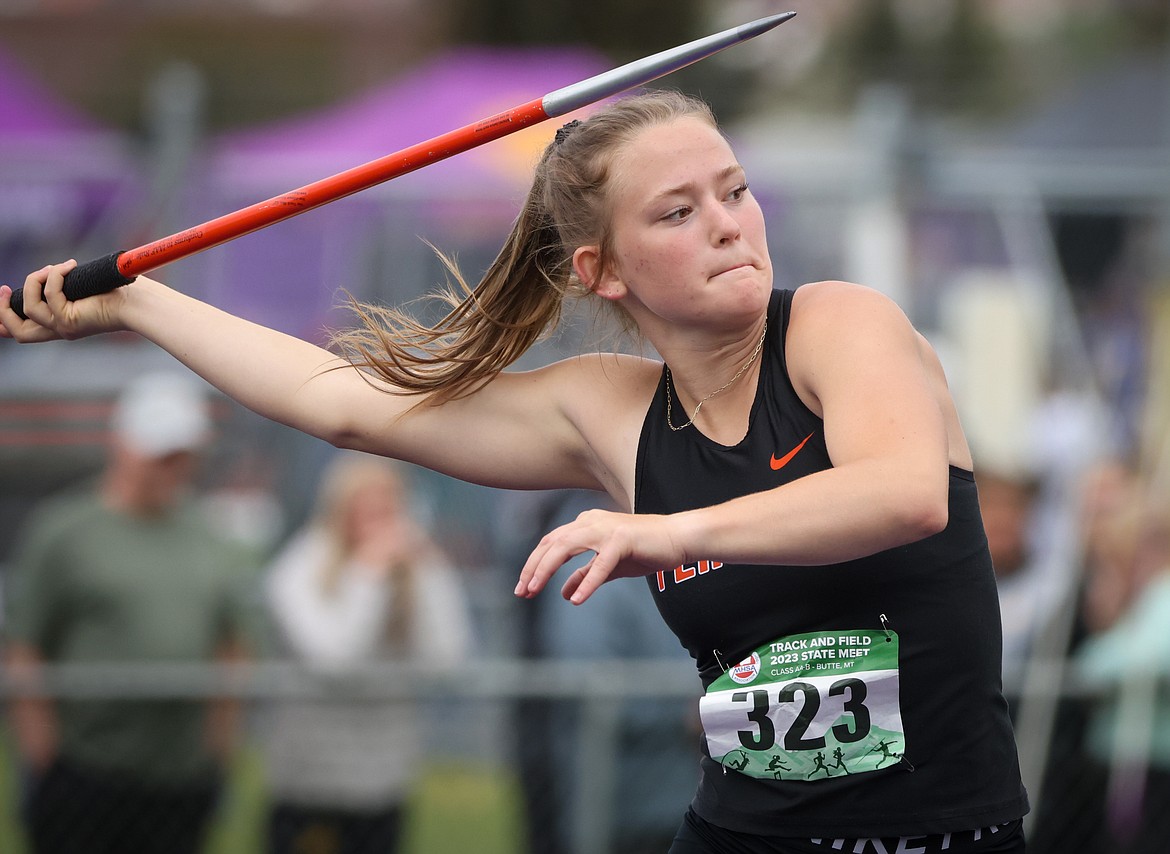Flathead’s Tali Miller threw 122 feet, 9 inches for seventh place in the javelin at the Class AA State Track and Field Championships in Butte on Friday, May 26. (Jeremy Weber/Daily Inter Lake)