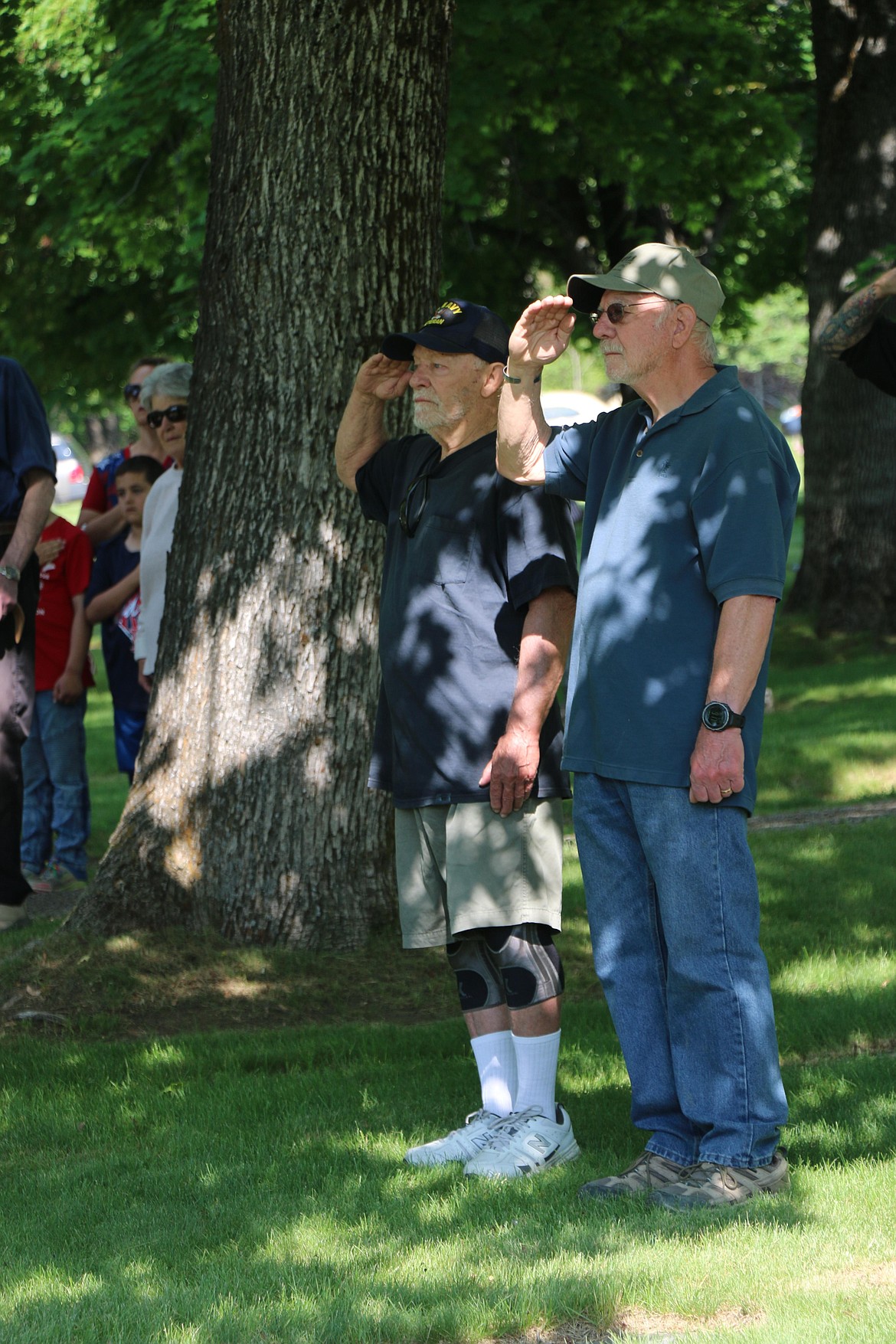 A pair of veterans salute during the playing of "Taps" at Monday's Memorial Day ceremony at Pinecrest Cemetery.