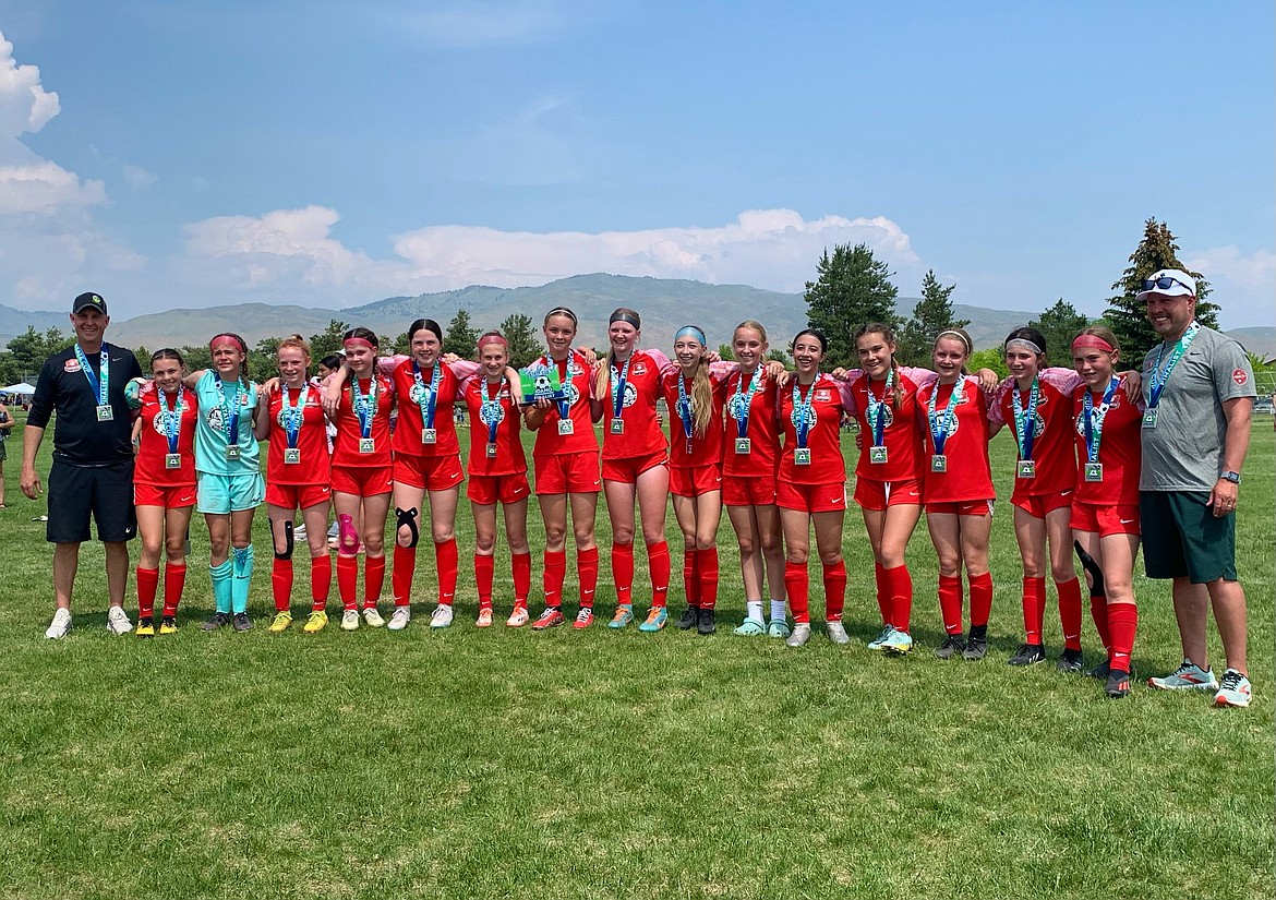 Courtesy photo
The Thorns North girls 09 Red soccer team took second at the recent Idaho State Cup tournament. From left are coach Ty Kovatch, Audrey Linder, Savannah Spencer, Chloe Murphree, Addy Blessing, Phinalley Voigt, Aspen Liddiard, Taryn Young, Nell Hutchins, Olivia Smith, Katie Kovatch, Haven Dye, Paige Fish, Lucia Barton, Anna Katherine Christman, Madeline Witherwax and coach Dan Linder.