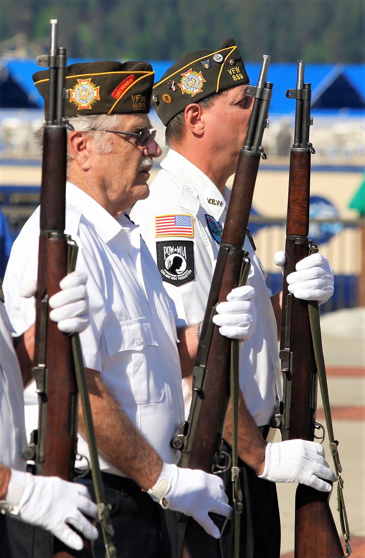 Veteran Robert Bigham serves on the Honor Guard at Veterans Plaza on Monday