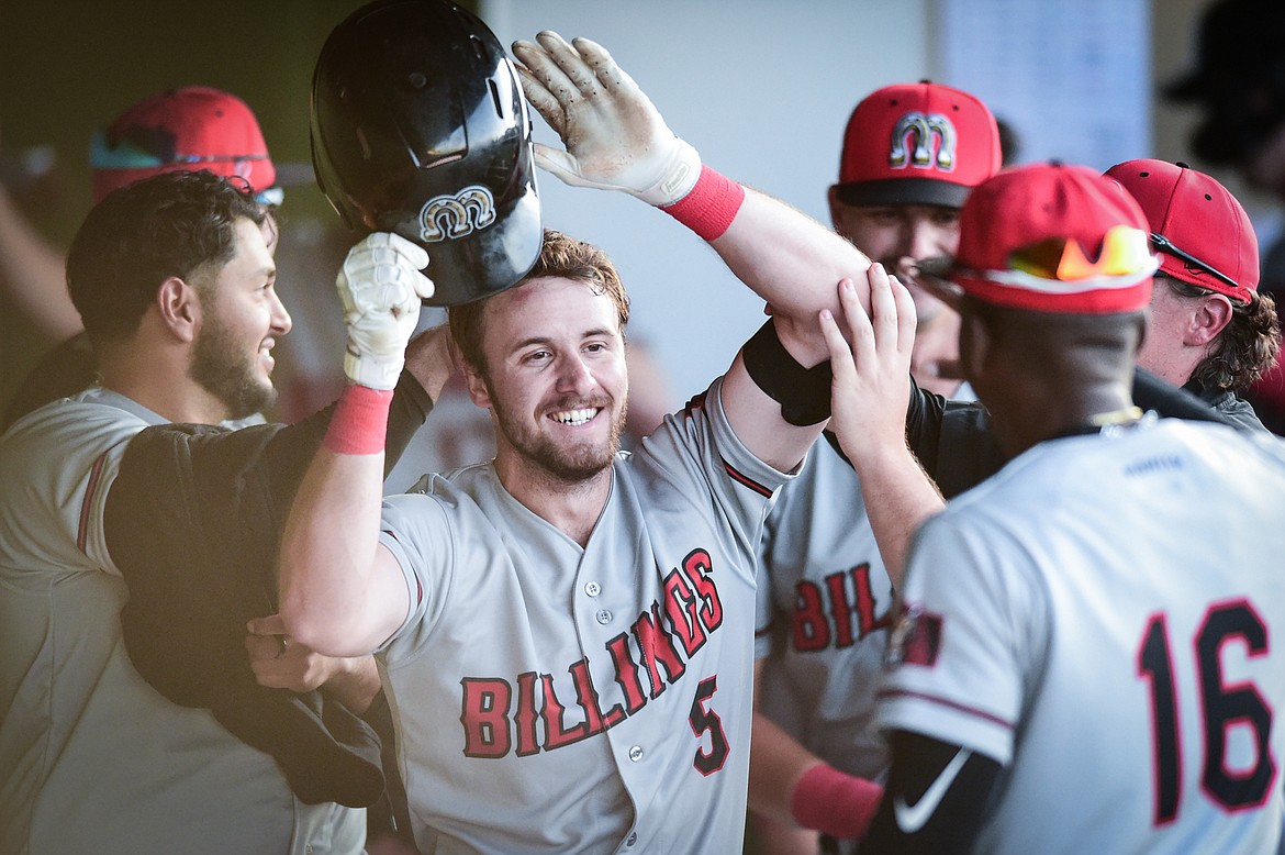 Billings celebrates after a home run by Casey Harford (5) in the third inning against the Glacier Range Riders at Glacier Bank Park on Tuesday, May 30. (Casey Kreider/Daily Inter Lake)