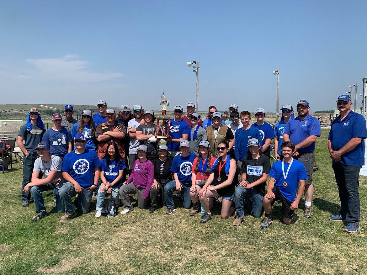 Courtesy photo
The Coeur d'Alene High Trap and Skeet Team placed second at the 2023 Idaho State Youth Shooting Championships on May 19-20 in Burley. CHS also took home the second-place high overall average trophy, and several individual awards, including: Senior ladies sSkeet, Claire Pestarino third place; intermediate ladies skeet, Abrie Sterbank second place; senior men's trap, Joe Pestarino second place; intermediate men's trap, Harrison Hunter third place; and intermediate ladies trap, Kiley Durham third place. In the front row from left are Nic Monter, Grant Pagano, Izzie Le, Kinsey Burke, Kai Scott, Eva Brown, Sarah Isaksen, Abrie Sternbank, Michael Hill and Harrison Hunter; middle row from left, Claire Pestarino, Jenacey Johnson, Joe Pestarino, Seth Dansereau,, Christian Fraser, Caden Rowley, Kiley Durham, Mathew Longden, coach Matt Brown and coach Bob Romanowski; and back row from left, coach Evan Baldridge, head coach Chuck Keisel, Andrew Webb, Hunter Martin, Sam Isaksen, Landon Lacaria, Carley Pearson, Gus Taylor, Taryn Costa and Brody Schultz.