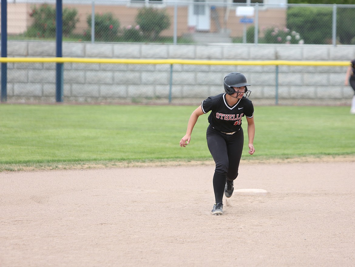 Othello senior Natalie Martinez leads off of second base against Enumclaw in the consolation semifinals of the 2A State Softball Tournament.