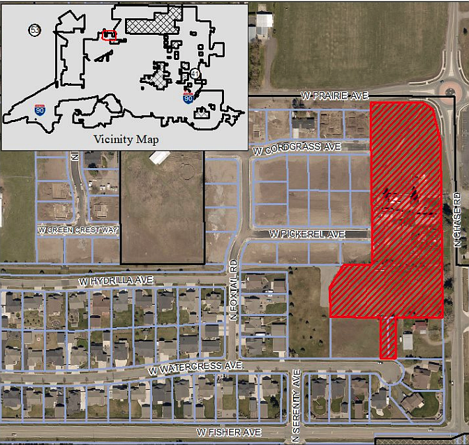 This map shows, in red, where the Fair Estates Subdivision will subdivide approximately 6.04 acres into 20 single-family lots on the southwest corner of Prairie Avenue and Chase Road in Post Falls.