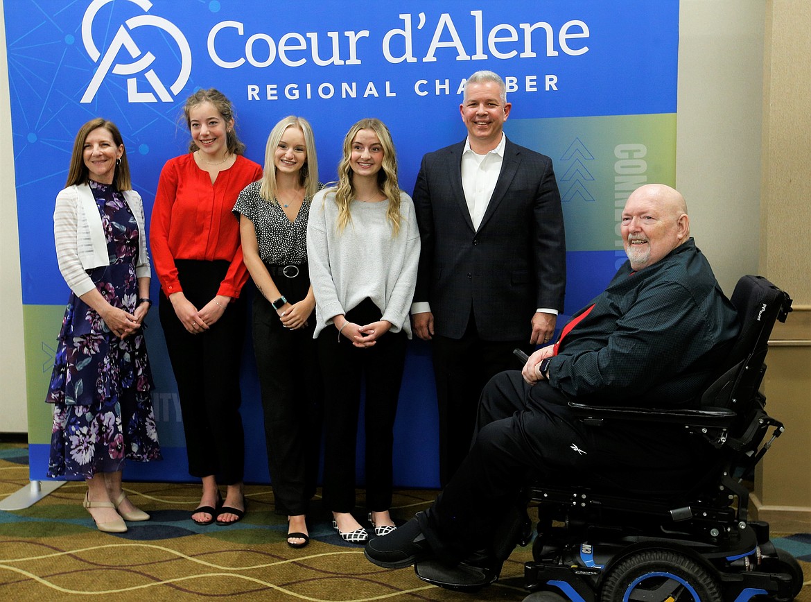 Kootenai County commissioners pose with Coeur d'Alene High School students following Wednesday's Coeur d'Alene Regional Chamber's Upbeat Breakfast at The Best Western Plus Coeur d'Alene Inn. From left, Leslie Duncan, Maddie Sims, Kaylee Coddington, Jillyann Maurice, Bruce Mattare and Bill Brooks.