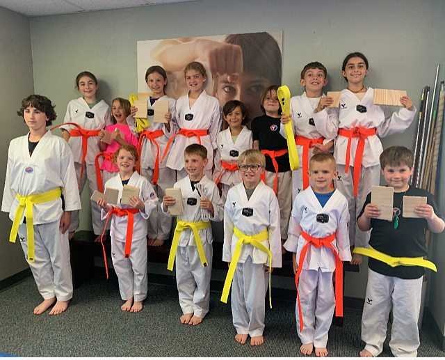 Sandpoint Martial Arts' Beginner Group. Pictured, left to right, front row: Corbin Thomas, Audrey Jenkins, Jaxon Waner, Sawyer Lewis, Michael Jenkins, Chris Nelson. Back row, left to right: Zoie Ateho, Lillian Batchelor, Liley Hedlund, Taylor Jenkins, Luca Ateho, Oliver Pohl, Bryson Sahleen, Eva Ateho.