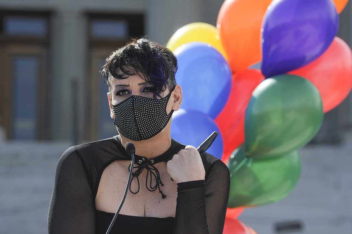 Adrian Jawort, of Billings, Mont., speaks at the Rainbow Rally on the steps of the Montana State Capitol on March 15, 2021, in Helena, Mont. Jawort, who changed her first name to Adria, had planned to talk about LGBTQ and two spirit history at the Butte-Silver Bow Public Library on Friday, June 2, 2023, but the event was canceled due to a new law that bans drag reading events at public libraries. (Thom Bridge/Independent Record, File)