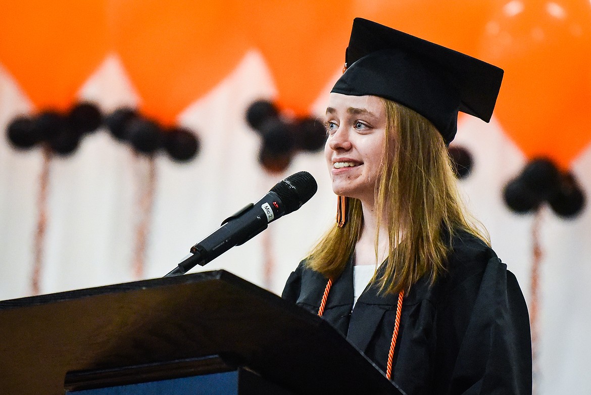 Summa Cum Laude graduate Hannah Davidson reads a poem to fellow classmates during Flathead High School's Class of 2023 125th Commencement ceremony on Friday, June 2. (Casey Kreider/Daily Inter Lake)