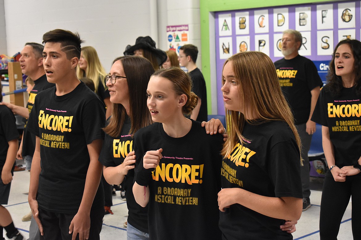 From left: Aaron Valdez, Amy O’Donnell, Chanel DeGooyer and Abby Sorenson sing “Godspeed Titanic” in a rehearsal of Basin Community Theatre’s “Encore! A Broadway Review.”