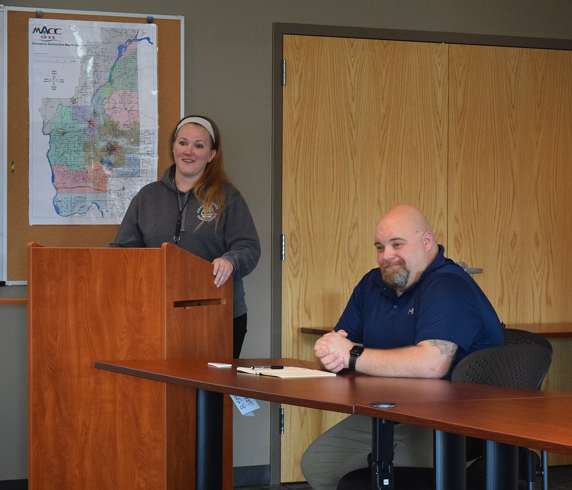 Grant County Multi-Agency Communications Center Operations Supervisor Amanda Scott and Technical Services Manager Gerrit Klein outlining coming upgrades for 911 services in Grant County.