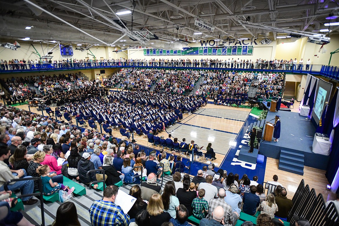 Graduates listen to welcoming addresses by classmates Mac Adkins and Colette Daniels at the Glacier High School commencement ceremony on Saturday, June 3. (Casey Kreider/Daily Inter Lake)