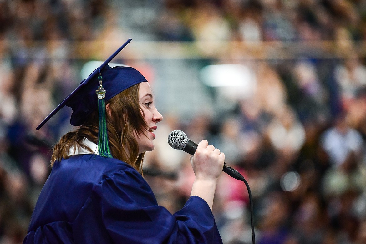 Kaelin Holt, a Cum Laude graduate with Fine Arts Distinctions in Music and Theater, sings "When She Loved Me" by Sarah McLachlan during Glacier High School's commencement ceremony on Saturday, June 3. (Casey Kreider/Daily Inter Lake)