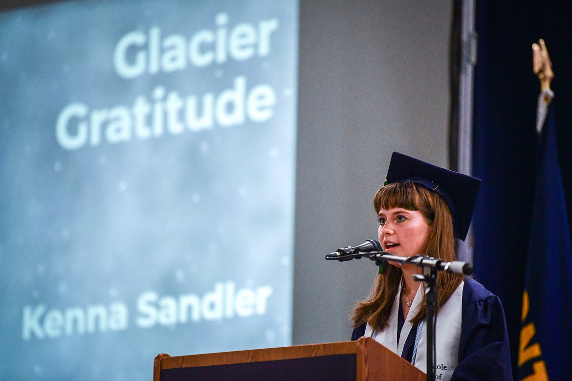 Kenna Sandler, a Magna Cum Laude graduate with a Humanities Distinction in International Language, gives a speech about gratitude at Glacier High School's commencement ceremony on Saturday, June 3. (Casey Kreider/Daily Inter Lake)