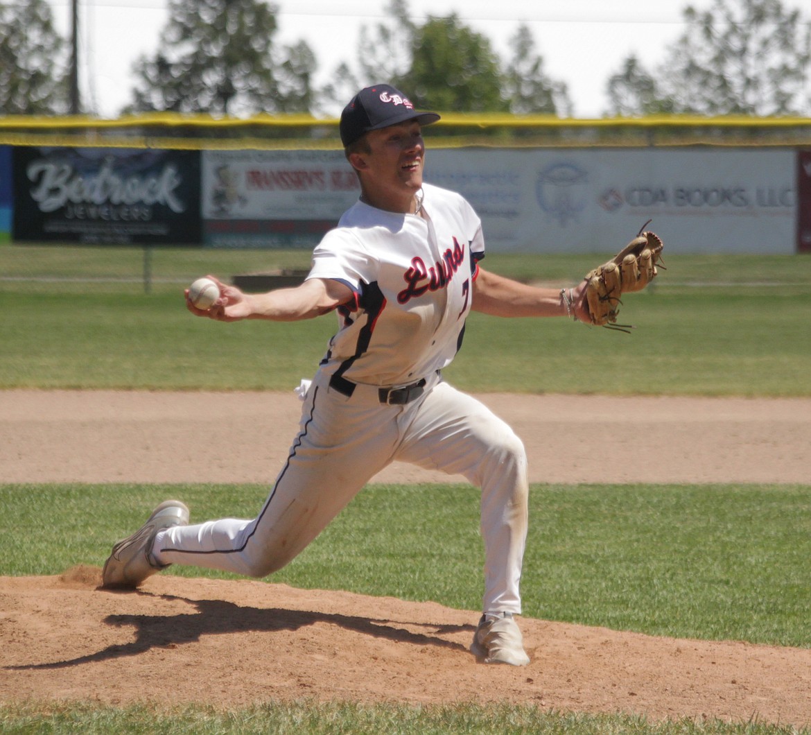 MARK NELKE/Press
Coeur d'Alene Lumbermen sidearmer Eric Bumbaugh delivers during the first game of an American Legion baseball doubleheader vs. the Spokane Expos 17U on Saturday at Thorco Field in Coeur d'Alene.