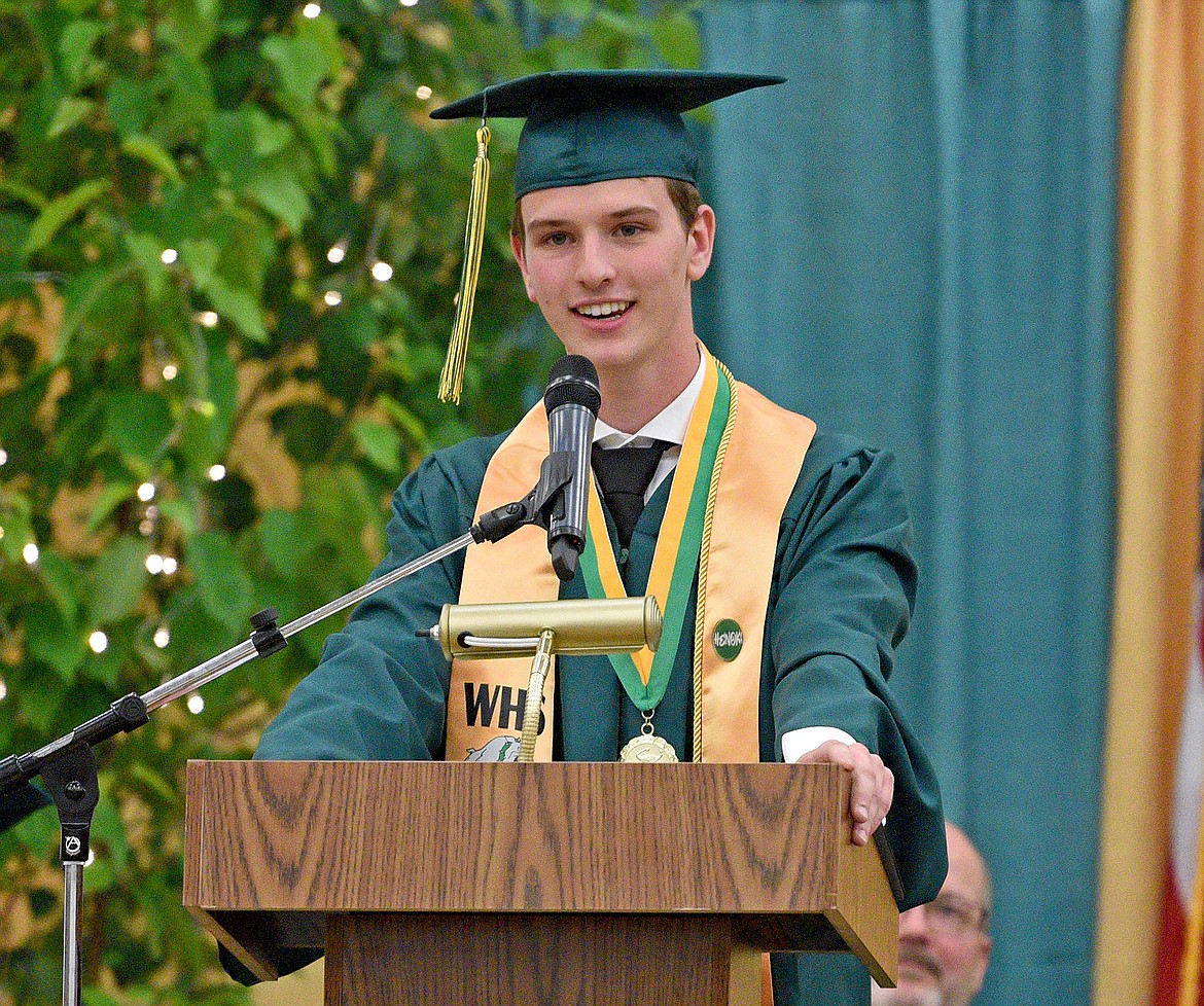 Whitefish High School senior class president Tevan Solomon addresses the Class of 2023 at the Commencement Ceremony in the high school gym on Saturday. (Whitney England/Whitefish Pilot)