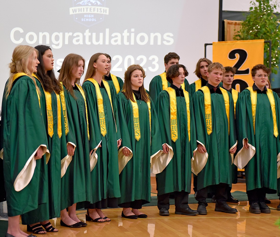 The WHS choir performs at the Whitefish High School 2023 Commencement Ceremony in the high school gym on Saturday. (Whitney England/Whitefish Pilot)