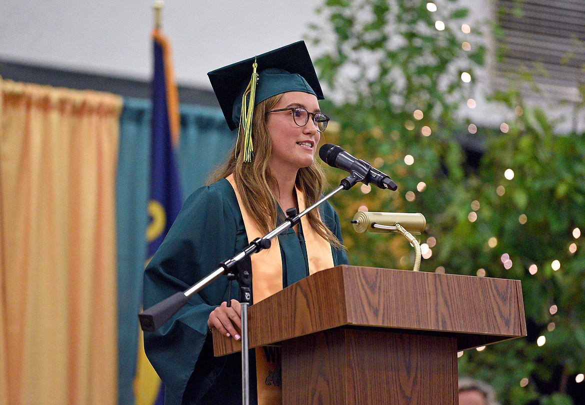 Whitefish High School senior class vice president Sydney Buckmaster addresses the Class of 2023 at the Commencement Ceremony in the high school gym on Saturday. (Whitney England/Whitefish Pilot)