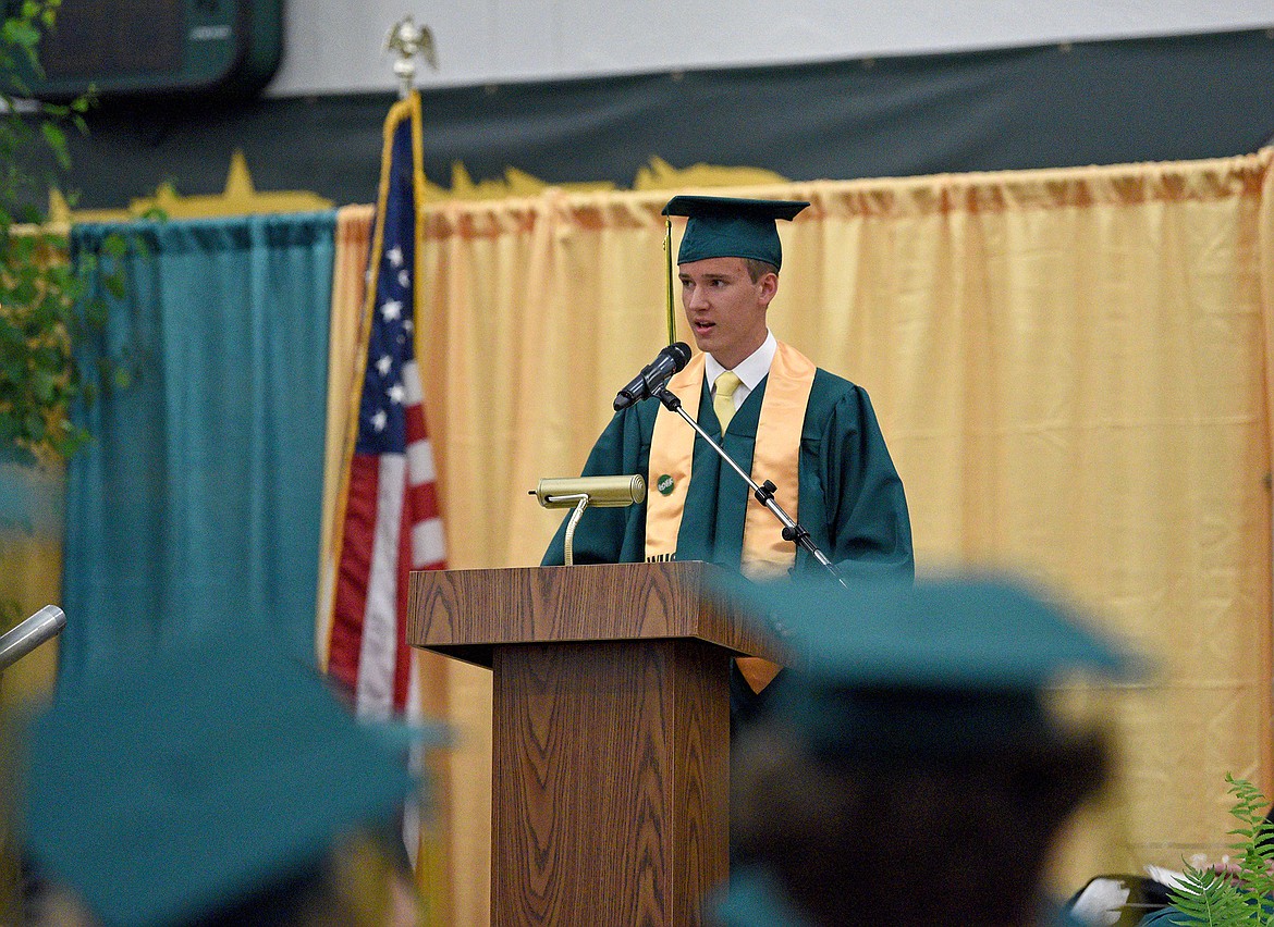 Whitefish High School student body president Bowdrie Krack addresses the Class of 2023 at the Commencement Ceremony in the high school gym on Saturday. (Whitney England/Whitefish Pilot)