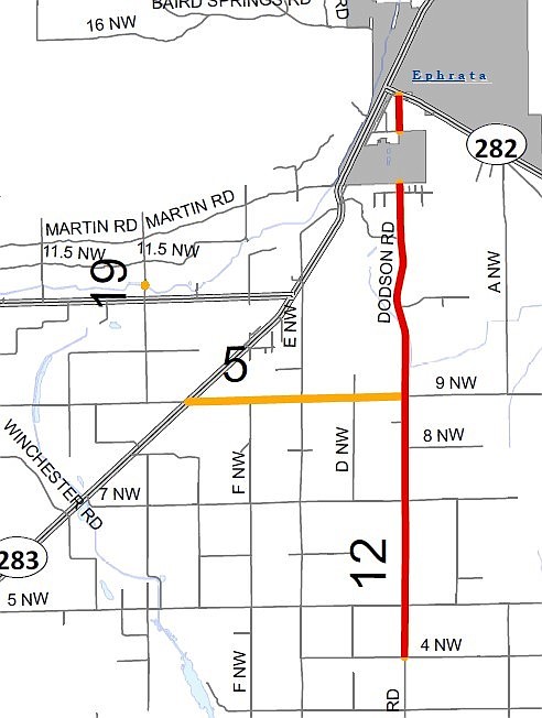 A section of Dodson Road near Ephrata, highlighted in red on the map, is getting a new layer of asphalt this year. The yellow line indicates an area of Road 9 NW that is slated to be upgraded in 2024.