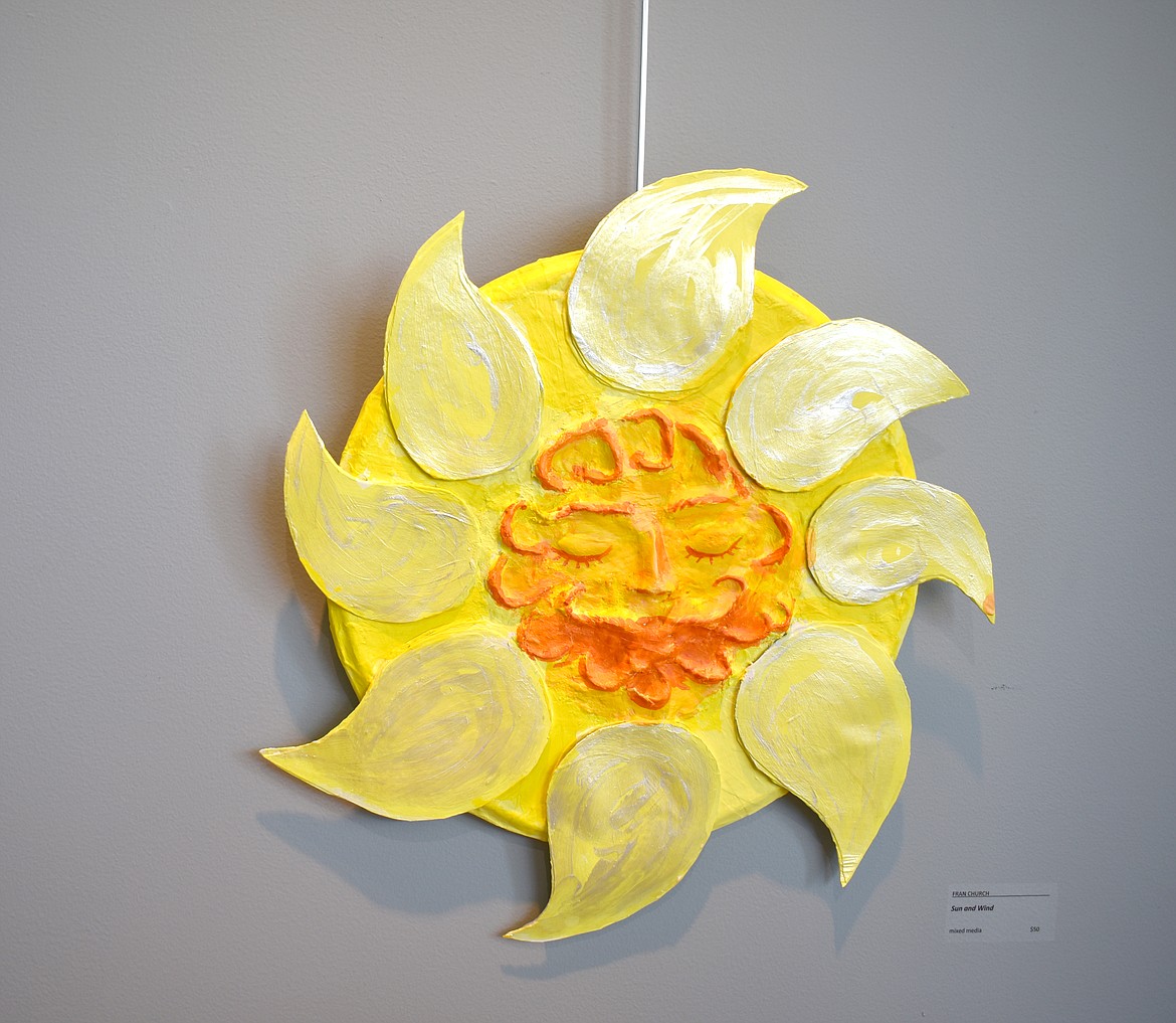 “Sun and Wind,” one of Fran Church’s mixed media pieces at the Moses Lake Museum & Art Gallery, has a used drum head as its armature, or frame.