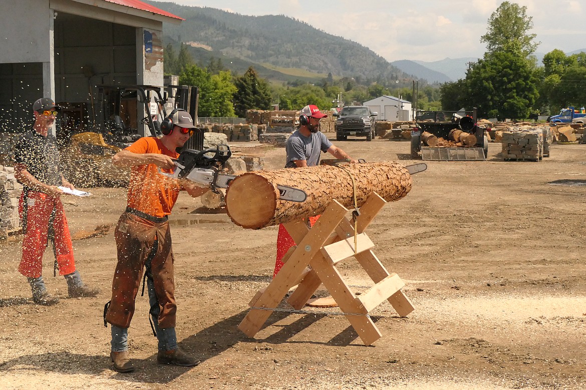 Sawdust flies off the "long-saws" during Saturday's log cutting competition in the Plains VFW parking lot as part of the Plains Day celebration. (Chuck Bandel/VP-MI)