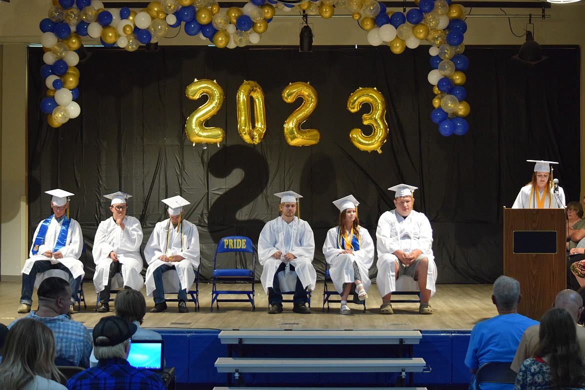 Valedictorian Aimee Willis addresses the Wilson Creek High School graduating class of 2023 at the school’s annual graduation ceremony on Saturday. Left to right, graduating seniors are Hank Sutton, Joselyn Maurer, Ben Reitz, Jordan Meyer, Kayla Rhoads and Dominic Armstrong. According to data available from the Office of the Superintendent of Public Instruction, 125 students were reported enrolled in the Wilson Creek School District in 2022-23, 56 of them in the high school.