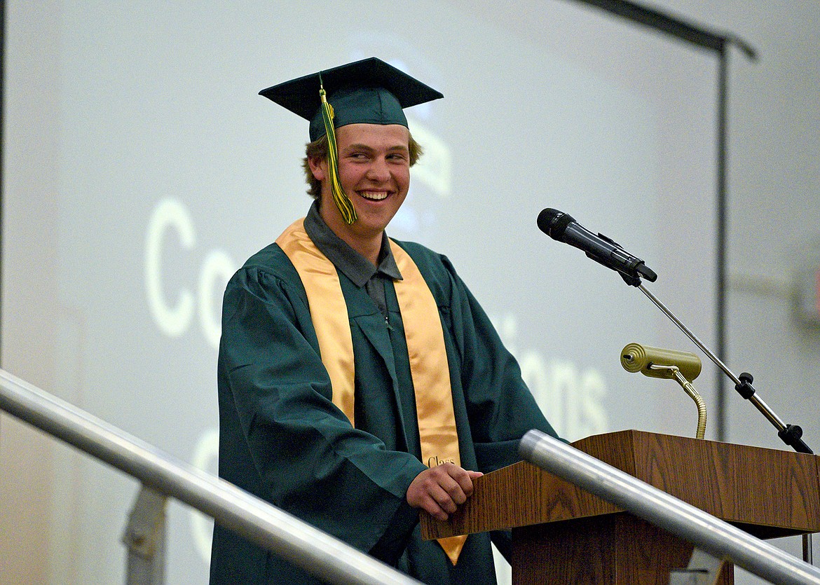 Whitefish High School senior class treasurer Ryan Economy speaks at the Class of 2023 at the Commencement Ceremony in the high school gym on Saturday. (Whitney England/Whitefish Pilot)