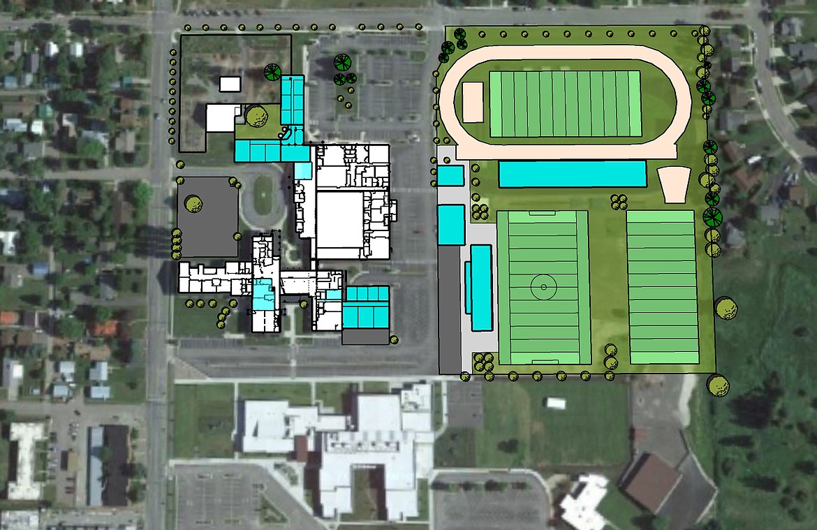 A rendering shows an L-shaped building added onto the north end of the high school, plus another addition to the southeast corner and two spaces within the existing building that will be remodeled as part of the high school expansion. It also shows the new athletic fields and facilities. (Rendering provided by Cushing Terrell)