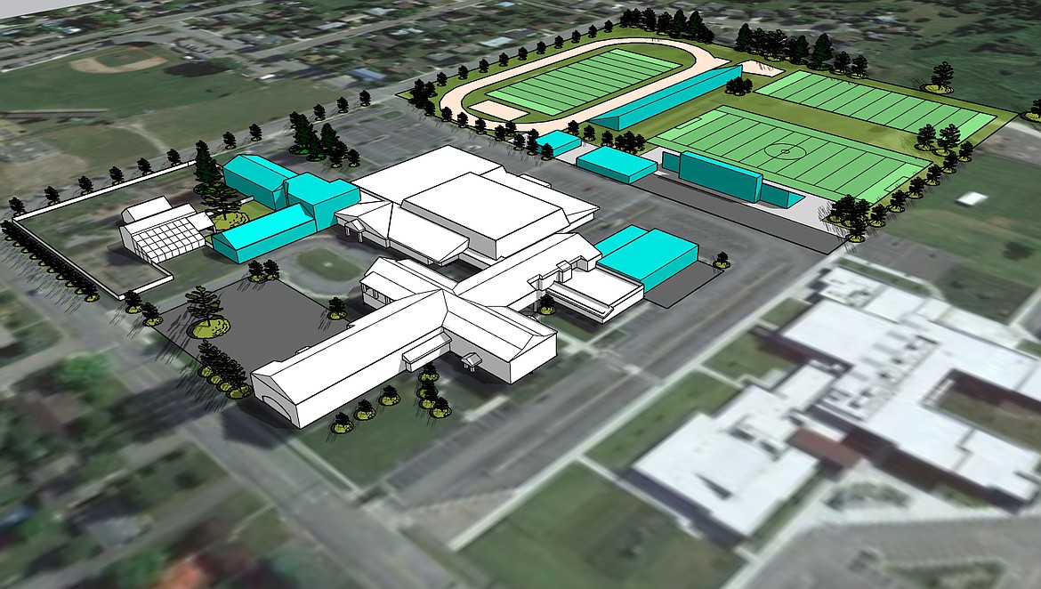 A rendering shows the overhead view of the proposed Whitefish High School expansion. Additions are highlighted in blue, plus the athletic fields and facilities. (Rendering provided by Cushing Terrell)