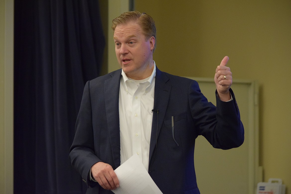 Association of Washington Business President and CEO Kristofer Johnson speaking to a gathering organized by the Moses Lake Chamber of Commerce in the Big Bend Community College ATEC Building on Wednesday. Johnson was in Moses Lake to solicit input on the Washington in the Making 2040 plan.