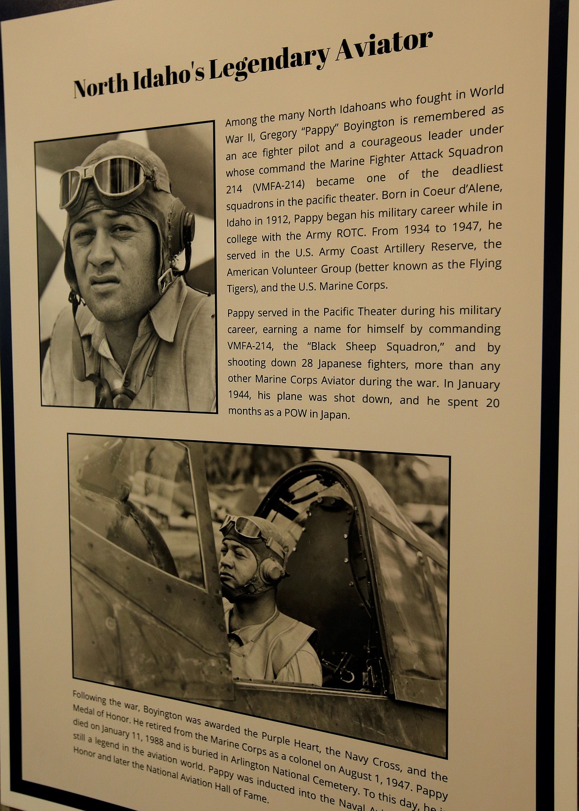 A display about aviator Pappy Boyington is part of the "At War: North Idaho During World War II" exhibit at the Museum of North Idaho on Wednesday.