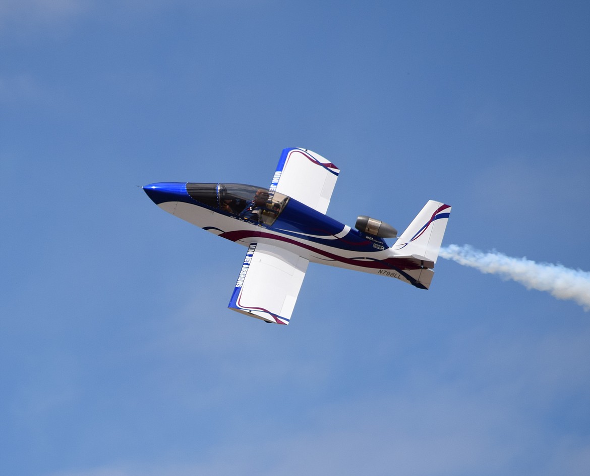 Tom Larkin’s mini-jet flying over the Grant County International Airport during the 2022 Moses Lake Airshow.